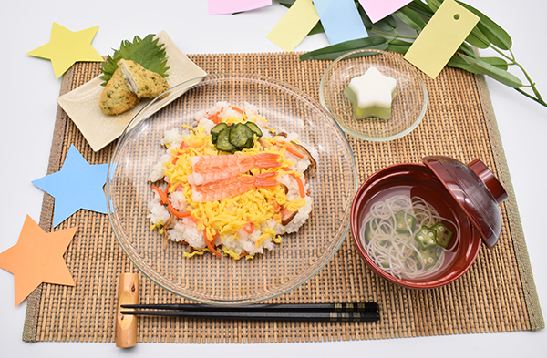 7月行事食　七夕 （行事食｜七夕｜笹の葉｜短冊｜そうめん｜海老｜朝食｜欠食｜エネルギー｜生活リズム｜生活習慣｜早出勤務）